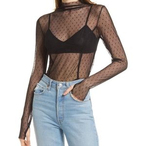 Open Edit Mock Neck Mesh Long Sleeve Top